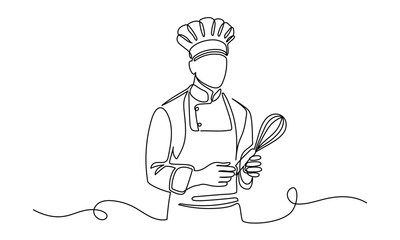 Aufkleber - Male chef in one continuous line drawing. Cook in uniform working in kitchen in simple linear style. Symbol of food and restaurant in editable stroke. Doodle outline vector illustration