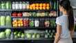 © sommersby - A woman stands in front of a neatly arranged refrigerator showcasing a variety of fresh produce, dairy, and packaged foods in a sleek kitchen