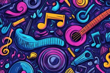 Fototapete - Colorful doodles of musical instruments, notes, and sound waves create an engaging and lively atmosphere full of creativity. Generative AI