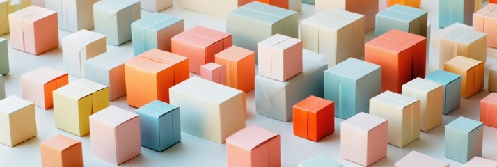 Wall Mural - Colorful small gift boxes in different sizes create a playful and cheerful arrangement on a smooth, light surface. Generative AI