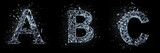 Letters A, B, C. Alphabet Made of Broken Glass with Shards Flying on Black Background.