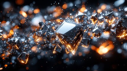 Leinwandbilder - Floating crystalline shapes are illuminated by radiant orange lights against a dark backdrop, creating a captivating and dynamic visual effect.