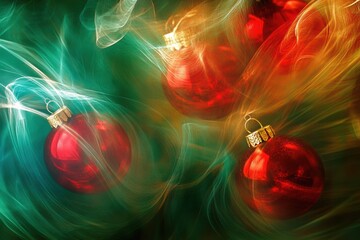 Fototapete - Colorful Christmas ornaments float among soft, swirling lights, capturing the essence of festive joy during the holiday season. Generative AI