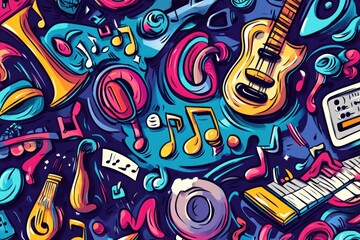 Fototapete - A vibrant pattern showcases an array of musical instruments, notes, and sound waves, highlighting creativity and artistic expression in music. Generative AI