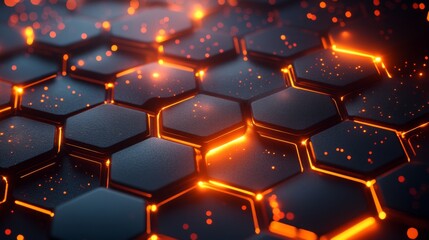 Fototapete - A visually striking hexagonal pattern features glowing orange edges and subtle sparks, set against a dark background, enhancing the dynamic appearance of the surfaces.