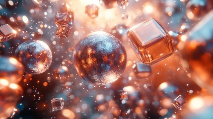 Poster - The artwork showcases an array of shimmering spheres and cubes, reflecting vibrant colors and intricate patterns. The background is softly blurred, enhancing the floating effect of the shapes.