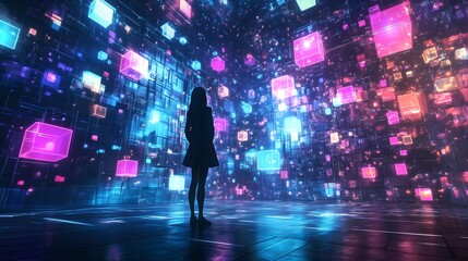 Businessman stands in a modern abstract office, observing illuminated cubes and spheres