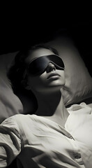 A young woman wearing a sleep mask, sleeping comfortably in a bed, symbolizes peaceful sleep, relaxation and rest, a replica of space. The concept of a peaceful sound sleep. .