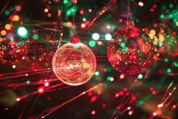 Aufkleber - Colorful Christmas ornaments hang with glowing lights, creating a vibrant, festive display that enhances holiday joy and celebration. Generative AI