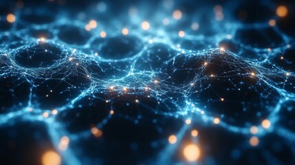 Fototapete - The artwork illustrates a vibrant network of glowing nodes interconnected by delicate lines, creating an intricate web of digital connections against a dark background.