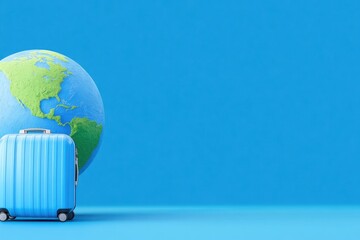 A blue suitcase sits beside a globe against a vibrant blue background, symbolizing travel and exploration.