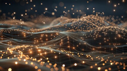 Wall Mural - abstract wave of lights and glittering particles on dark background.