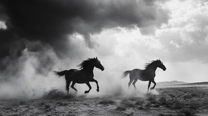 Two black horses run through a dusty field with a dramatic stormy sky overhead.