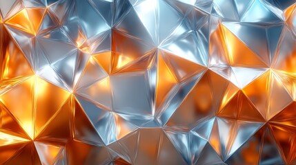 Fototapete - Intricate geometric shapes create a dynamic visual of metallic textures in blue, silver, and orange, reflecting light in an eye-catching abstract design.