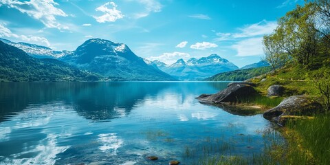 Serene lake reflects majestic mountains under a sunny sky, showcasing nature's tranquil beauty and vibrant scenery.