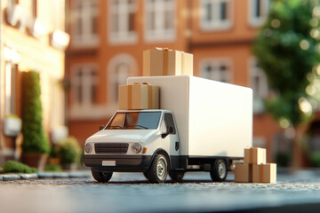 Delivery truck parked on street with packages stacked on top, showcasing busy urban environment. scene captures essence of logistics and transportation