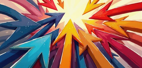 Wall Mural - A dynamic illustration of multicolored arrows converging towards a bright center, symbolizing growth, direction, and teamwork in business and marketing ventures.