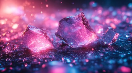 Poster - The scene showcases several glowing ice cubes on a dark surface, displaying vibrant pink and blue reflections.