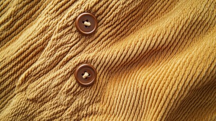 Close-up of brown corduroy fabric with two buttons.