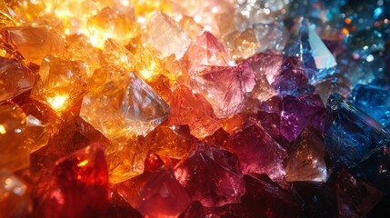 Aufkleber - A vibrant display of polished crystals glimmers with an array of colors, reflecting light in shades of orange, purple, and blue, creating an enchanting visual effect.