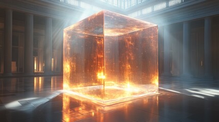 Aufkleber - A striking cube made of glowing light and energy is positioned in the center of a vast hall with towering columns. Sunlight filters through, enhancing its fiery glow.