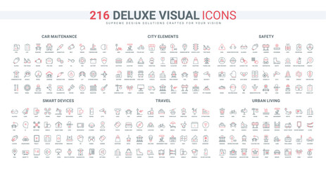 Wall Mural - smart devices, job safety tools and documents, automotive repair service, travel line icon set. city