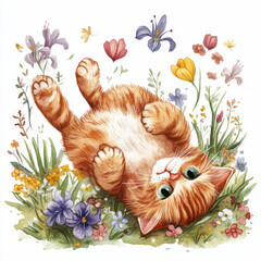 a funny cat rolling around in a patch of spring flowers