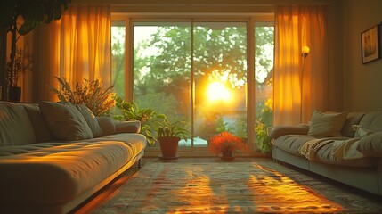 A living room with two sofas, a rug, and plants. The sun is setting through the window, casting a warm glow on the room.