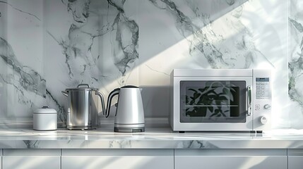 A white microwave, kettle, and pot sit on a white marble countertop, with a window to the left casting natural light.