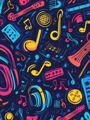 Fototapete - A vibrant collection of doodles showcases musical instruments, notes, headphones, and sound waves, capturing the essence of music and creativity. Generative AI