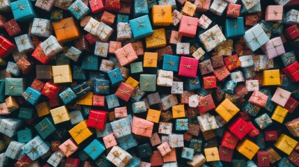 Leinwandbilder - An array of small, vibrant gift boxes in various colors and sizes is beautifully arranged, perfect for festive celebrations. Generative AI