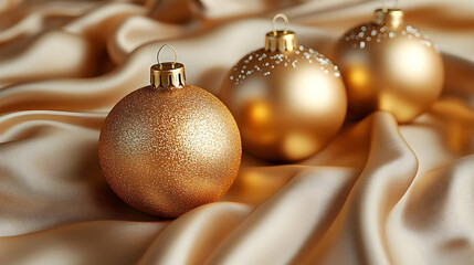 Canvas Print - Golden Christmas ornaments on silky fabric background.