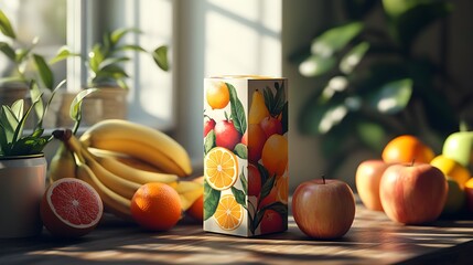 Modern fruit juice carton featuring bold illustrations, sitting on a rustic table with oranges, apples, and bananas, bathed in soft morning sunlight, vintage style, warm tones