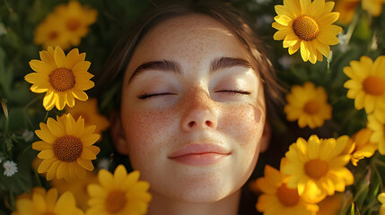 Canvas Print - A serene portrait of a young woman surrounded by yellow flowers.