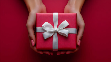 Wall Mural - A gift-wrapped box held in hands against a red background.