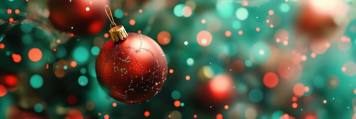 Fototapete - Colorful Christmas ornaments hang amidst shimmering lights, creating a joyful and festive atmosphere, perfect for the holiday season. Generative AI