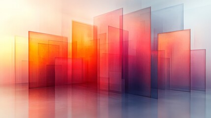 Fototapete - The artwork showcases layers of translucent panels in warm and cool tones, blending harmoniously to create a sense of depth and visual intrigue in a contemporary environment.