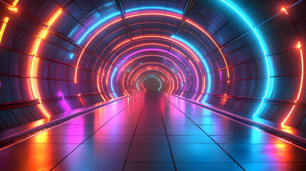 Poster - Vibrant neon tunnel with colorful lights and reflective surfaces.