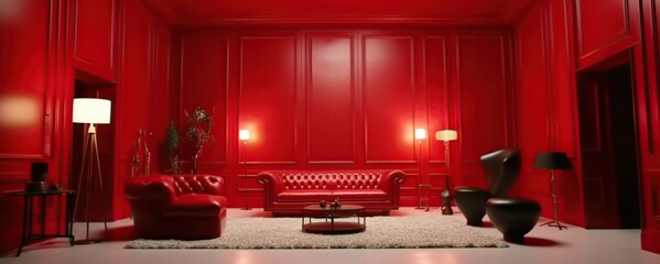 A red living room with a white rug, two sofas, and a coffee table.