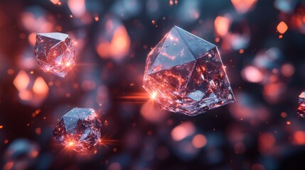 Fototapete - Floating crystals illuminated in vibrant colors reflect light in a dark environment, showcasing intricate facets and textures, creating a captivating visual effect.