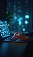 A close up of a person's hands typing on a laptop in a dimly lit urban workspace, with code displayed on the screen, perfect for tech and programming themes.
