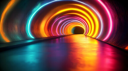 Poster - Vibrant neon tunnel with colorful lights and reflective surface.