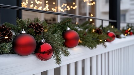 Red Christmas bells and lush greenery decorate a white fence, illuminated by bokeh lights for a cheerful New Year ambiance