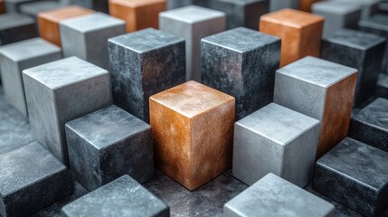 Leinwandbilder - Various geometric blocks in shades of gray and bronze are arranged on a textured surface, creating an intriguing visual contrast that emphasizes modern design elements.