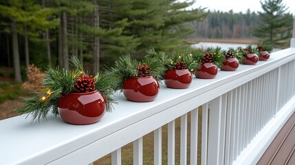 Red Christmas bells and lush greenery decorate a white fence, illuminated by bokeh lights for a cheerful New Year ambiance