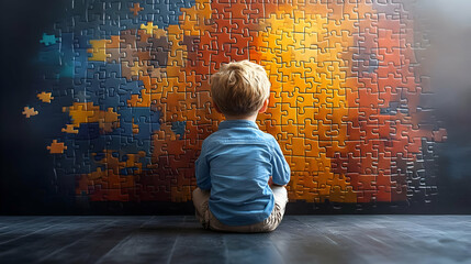 Wall Mural - A child gazes at a colorful puzzle mural on a wall.