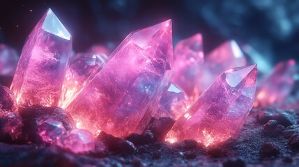Poster - Glimmering pink crystals rise from the dark ground, illuminated by a soft glow. The enchanting cave surrounds them, creating a magical atmosphere.