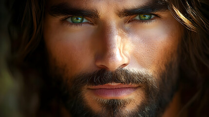 Poster - Close-up portrait of a man with long hair and striking green eyes.