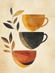 Poster - Three intricately designed tea cups with intersecting leaves beautifully convey the serenity associated with tea enjoyment. Generative AI