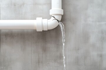 close-up of water leaking from a broken pipe against a concrete wall, indicating plumbing issues or 